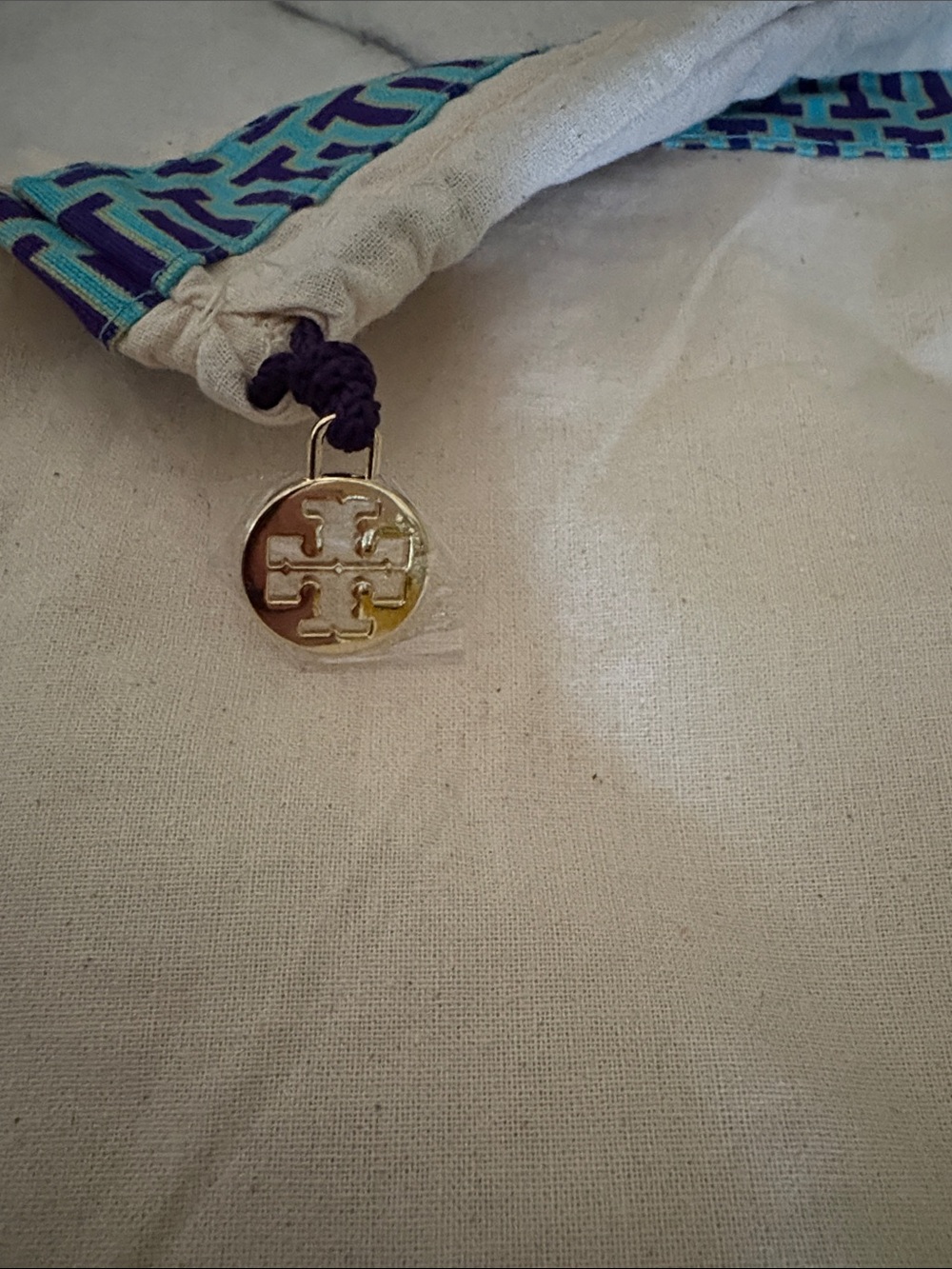 Tory Burch Canvas Drawstring Bag with Blue/Purple Geometric Trim, 14/12, NWOT